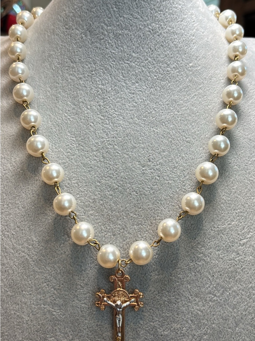 Classic faux Pearl handmade crucifix Necklace